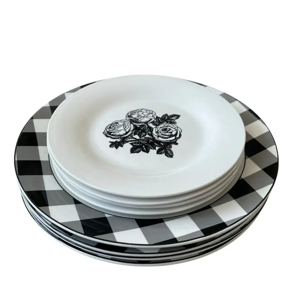 Godinger Black White Checkered Gingham Porcelain Dinner Plates 10.5